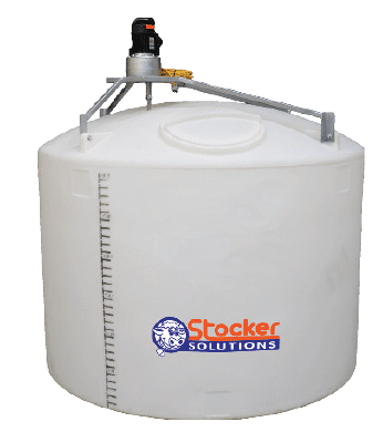 A large white plastic tank with a cylindrical shape, featuring a vertical measurement scale on the side and a logo that reads "Stocker Solutions". There is a black device mounted on its top.