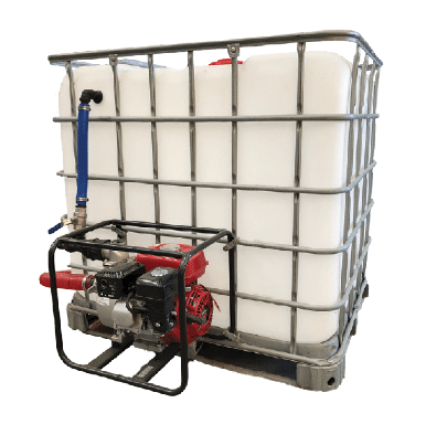 A large white plastic water tank encased in a metal frame, equipped with a mechanical pump attached to its side.