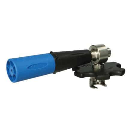 A foam gun tool with a blue handle, black grip, and metal components, designed for cassette installation and removal.