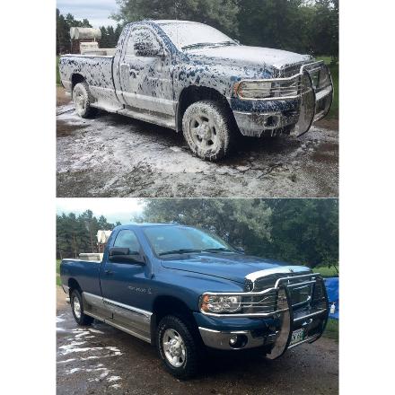 A blue pickup truck shown in two stages: top image covered in soap suds, bottom image clean and shiny after washing.