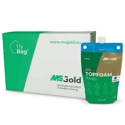 A green and white box labeled "MS Gold" next to a matching pouch labeled "MS TopFoam Power," both hygiene products for livestock farming.