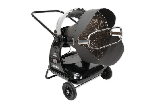 A black, wheeled machine with a perforated metal drum and a handle, designed for roasting coffee beans.